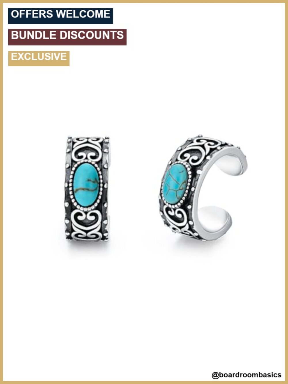 925 Sterling Silver Turquoise Cuff Earrings Non Pierced Women